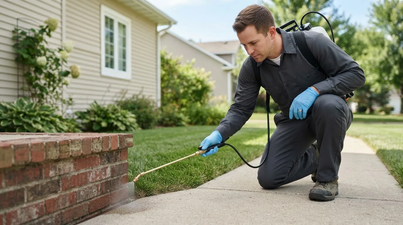 Pest control technician treating a home near Reevesville, SC